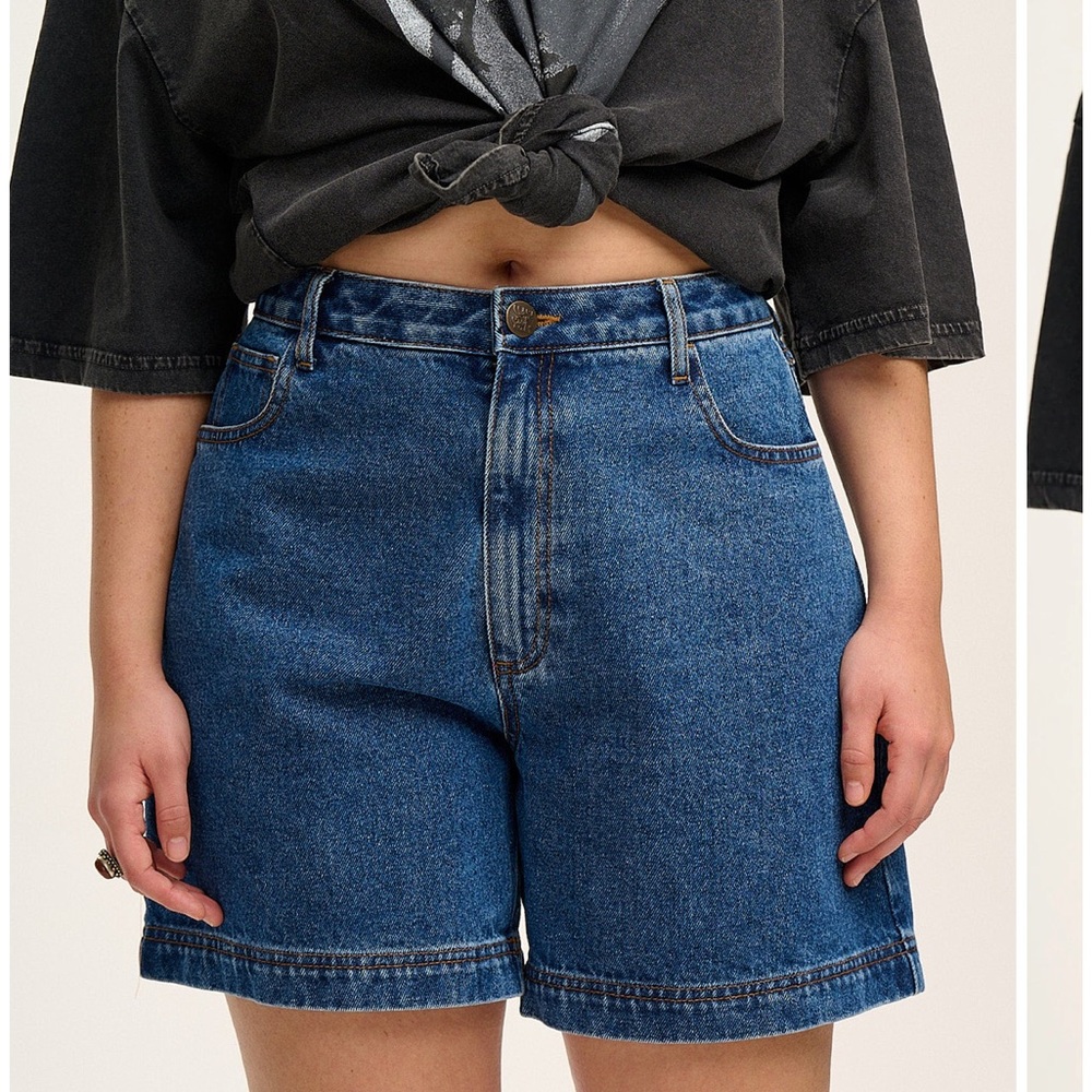 Lucy & Yak Lexi High Waisted Denim Shorts in Mid Wash Blue